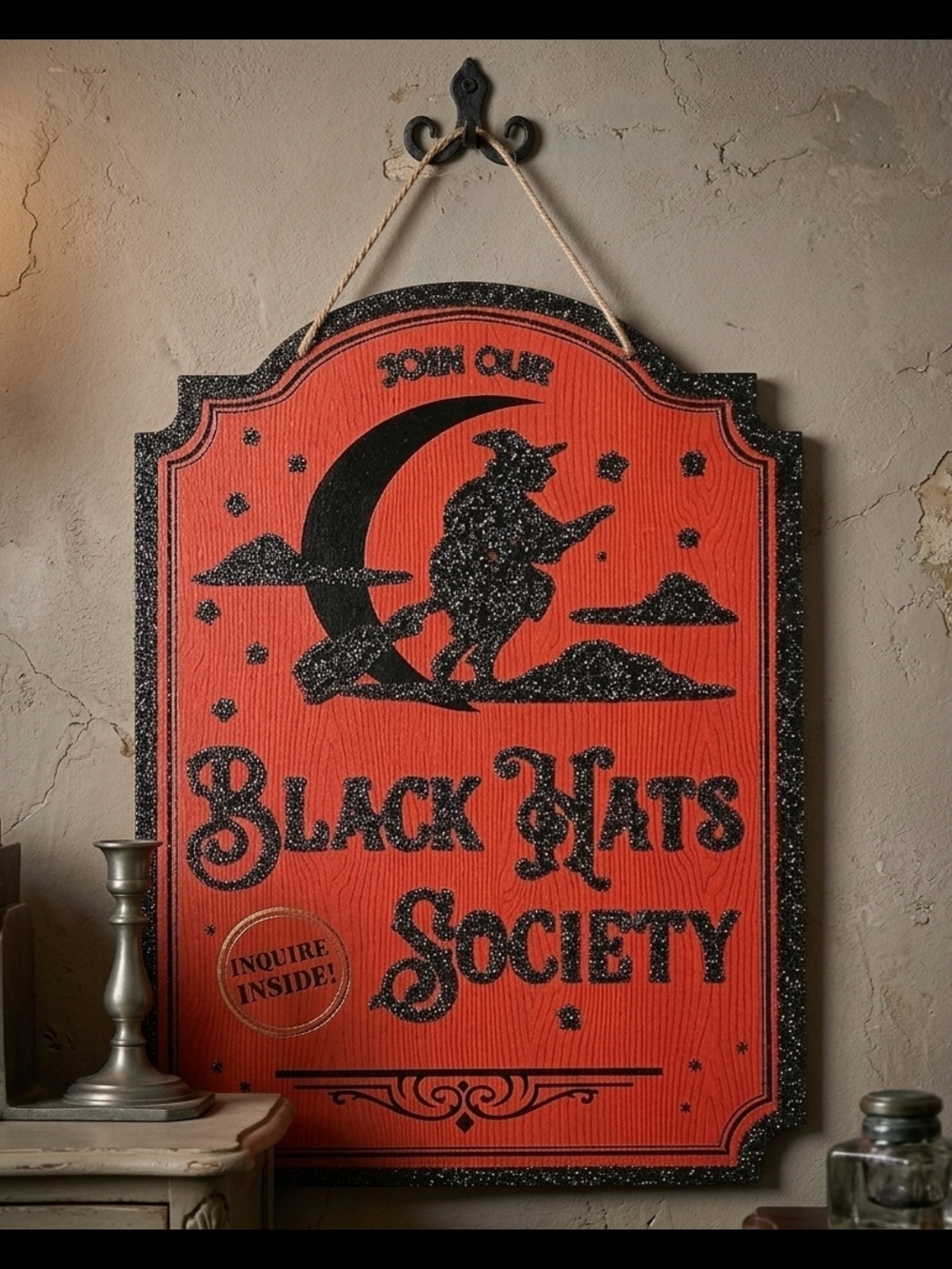 Black Hats Society Wall Hanging: Glittered Witch & Celestial Gothic Wood Decor